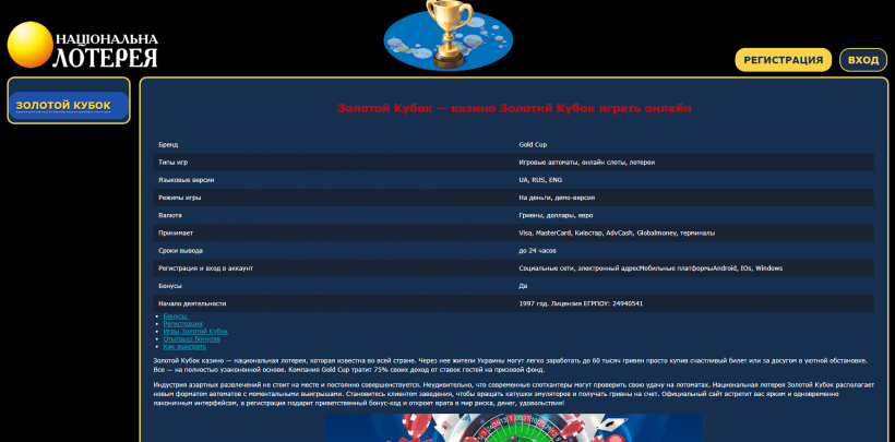 Онлайн-казино Золотой Кубок – спецпредложения и услуги для зарегистрированных игроков